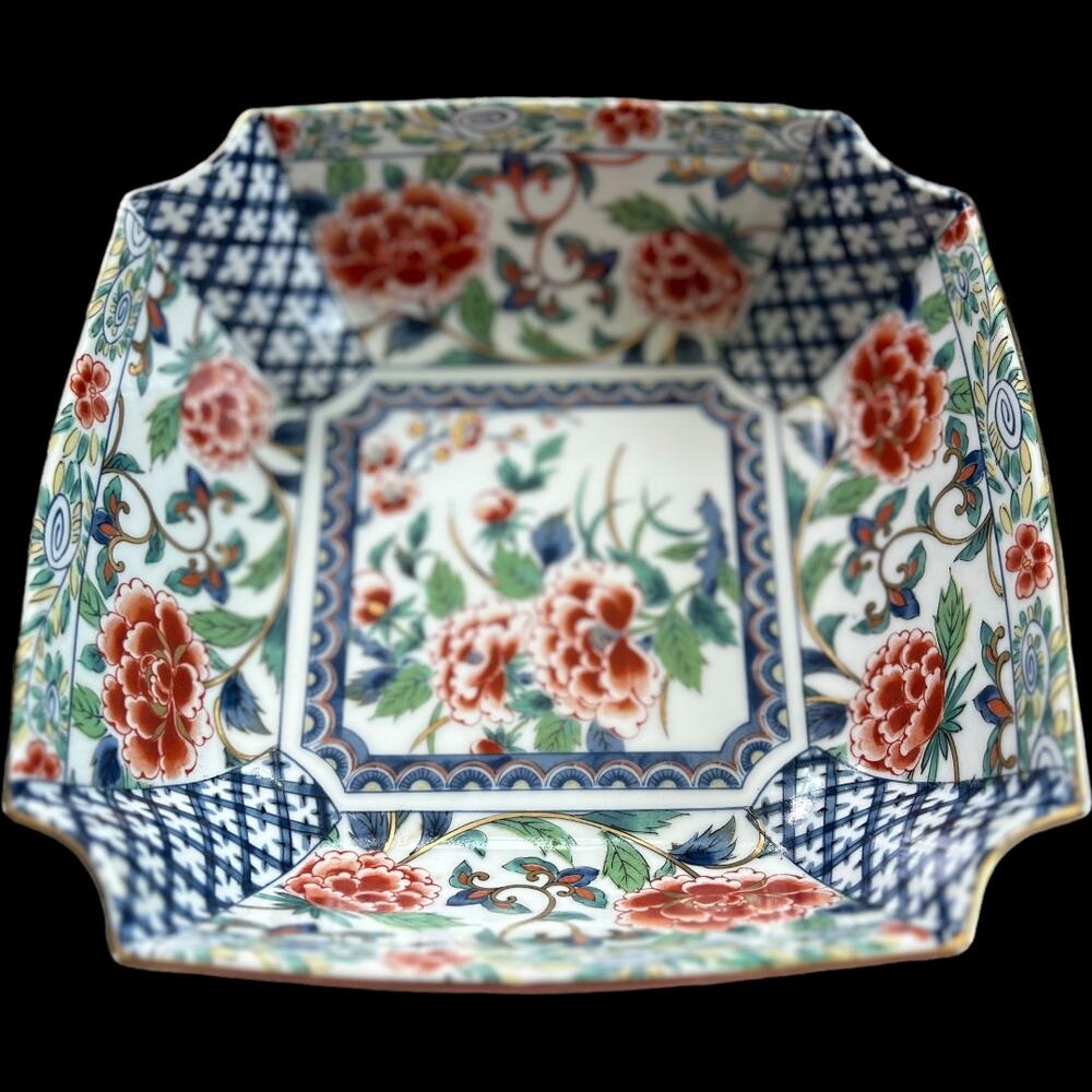 Japanese Imari Porcelain Flora Blue & Red Gold Trim Square Bowl Made in Japan